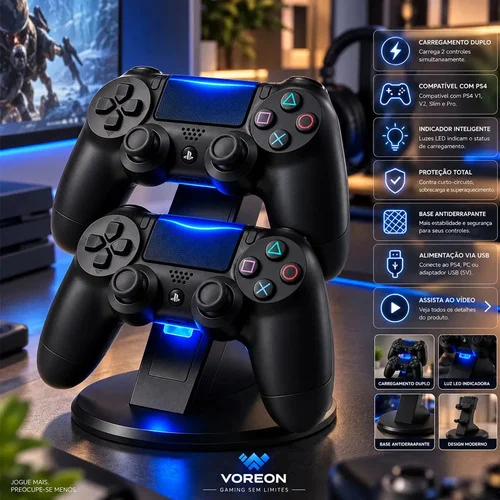 Suporte Base Carregador Controles Compatível com Playstation PS4 Base De Carregamento Gamer Ps4 Estação Indicador Inteligente Compatível V1 V2 Pro E Slim Base Antiderrapante - Marca Voreon