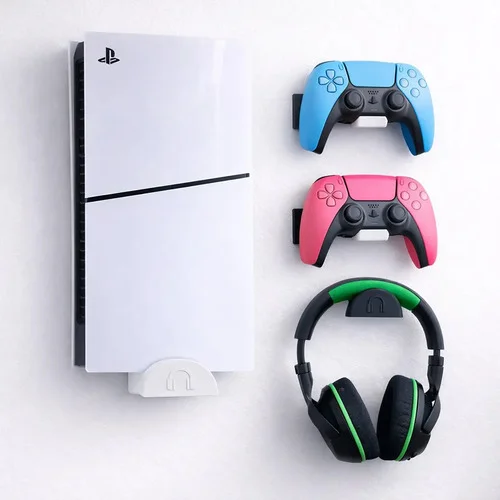 Suporte de Parede para PS5 PlayStation 5 Kit Completo Preto com Suporte para 2 Controles e Headset Fone de Ouvido Organizador Gamer Fixação na Parede Console Vertical Roncato Store