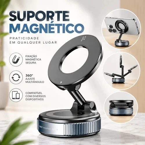 Suporte Magnético Para Celular Com Ventosa De Vácuo Ajustável 360° Universal Para Carro Painel Vidro Mesa E Superfícies Com Fixação Forte Para Smartphone E Uso Veicular E Ajuste Prático - Swave