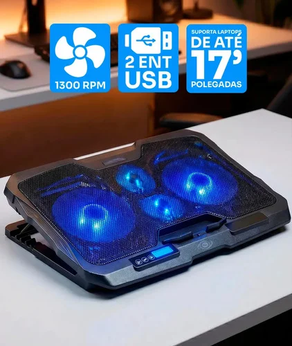 Suporte para Notebook Laptop Good Vision com base de refrigeração Cooler de 4 fans Potentes Vetilação Ultra Silenciosa com LED USB Altura Ajustável Escritório Gamer Office 6 modos - Cor Preto