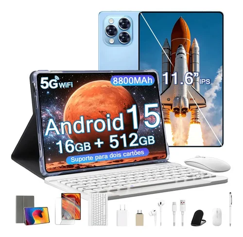 Tablet A9 tab Android 15 Tablets 11.6”HD 16Gb Ram+512gb Tf 1Tb,5g Wifi,8800mAh,Octa-core,MTK6799,Parental Control,Bt5.3,Tablet Certificado Gms,Teclado de Conexão Inteligente+Mouse Bluetooth Azul