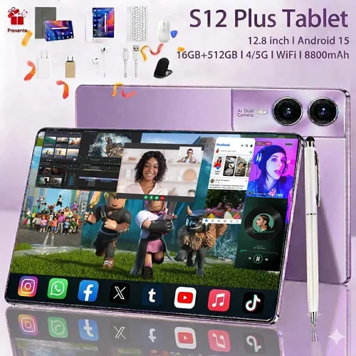 Tablet Android 16GB RAM 512GB Memória Tela Grande 12.8 Bateria 8800mAh Wi-fi 5G Jogos Pesados Completo Com Teclado Mouse Roxo