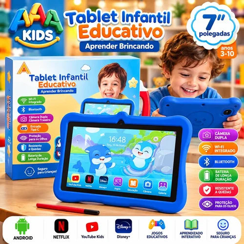 Tablet Infantil Android 7 Polegadas Capa Azul Educativo Kids Azul