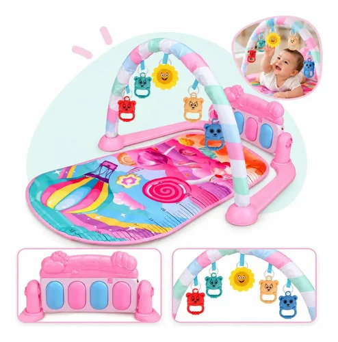 Tapete de Atividades para Bebê com Piano Musical Interativo Acolchoado Tapete Infantil com Arco Móbiles Chocalhos Luz e Som Poliéster Antialérgico 72 x 47 cm Rosa Kizumba