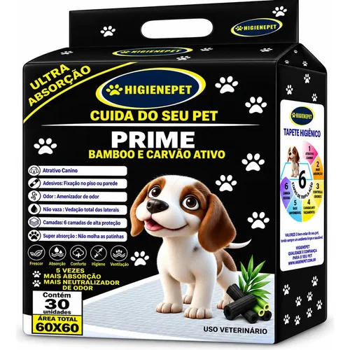 Tapete Higiênico Higienepet P/ Cães 60x60cm 30 Unidades Carvão Bamboo