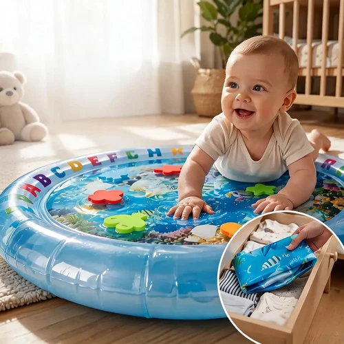 Tapete Tummy Time Água Bebê Aquático Inflável Menino Azul Azul