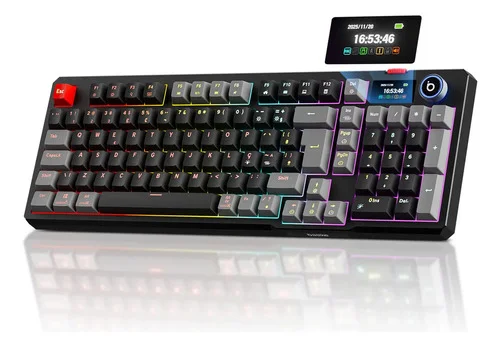 Teclado Mecânico Sem Fio Com Tela, Tri-Mode Bt5.0/2.4 G/Usb-C, Rgb Teclado Gamer Hot Swap Com Personalizável E Anti Ghosting, Teclado Switch Vermelho Wireless Para Jogos/Pc/Mac/Linux, Preto