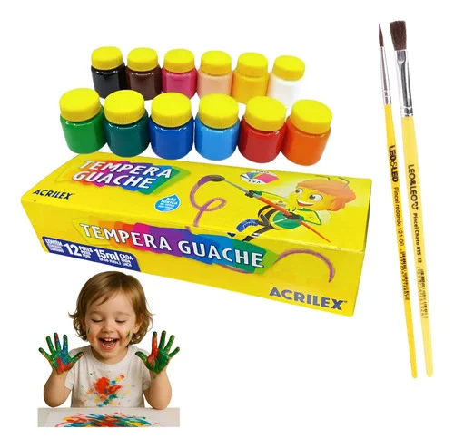 Tinta Guache 12 Cores 15 Ml Não Tóxica Acrilex + 2 Pincéis 12 Cores
