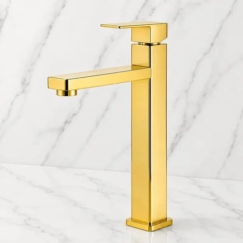 Torneira Bica Alta Banheiro Luxo Dourado Brilhante Aço Inoxidável