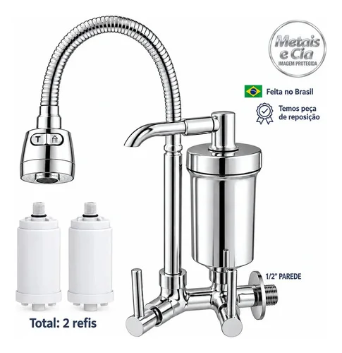 Torneira Com Filtro Gourmet Pia Bica Cozinha Parede 2 Refis Flexivel Purificador Com Algodão PP Ativo