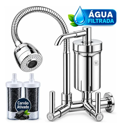 Torneira Cozinha com Filtro Gourmet Tubo Flexível Chuveirinho 2 Jatos Carvão Ativado Parede