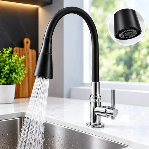Torneira De Cozinha Flexível Bica Alta Acabamento Preto Fosco 360° Jato Duplo Spray Monocomando Para Pias Bancadas e Cubas Gourmet Giratória Design Moderno Alta Pressão Instalação Fácil FC-04 Via Flix