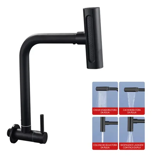 Torneira De Parede Pia Cozinha 4 Funções - Inox 304 / Flexível Gourmet Para Parede Preto Winda