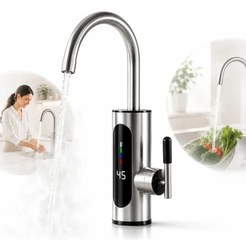 Torneira Elétrica Digital Água Quente Aço Escovado Cozinha Prateado Polido 220v