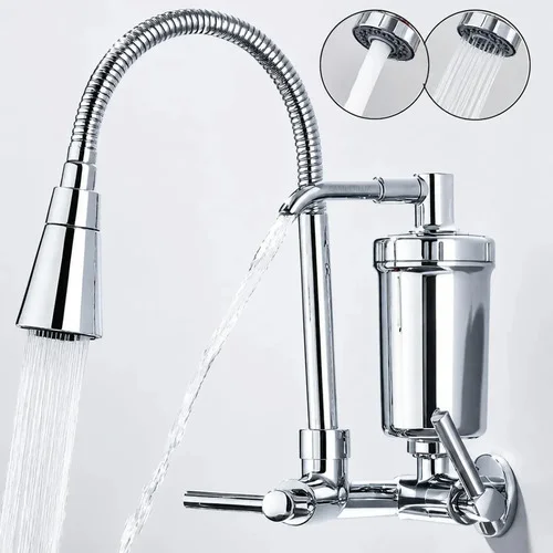 Torneira Gourmet Com Filtro Purificador de Água Flexível Pia Cozinha Bica De Parede 2 Jatos Cor Prateada Linha Premium - Marca Camperluz