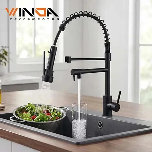 Torneira Gourmet Cozinha Monocomando Bancada Preta 360° com Ducha Flexível 2 Jatos Água Quente e Fria para Pia de Cozinha Winda