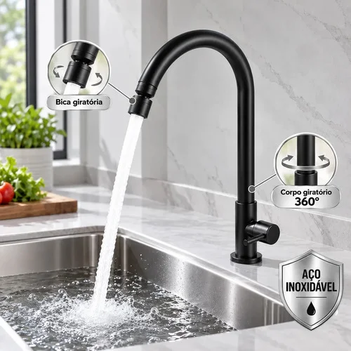 Torneira para Cozinha Inox Preta Fosca de Bancada Água Fria Bica Alta e Corpo Giratórios