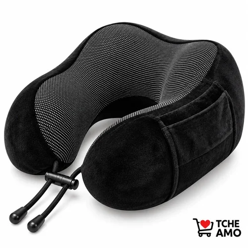Travesseiro de Pescoço Ergonômico para Viagem Tche Amo, Confortável e Preto