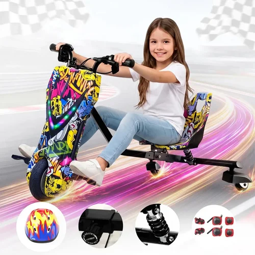 Triciclo Elétrico Drift para Crianças 8" com Amortecedor Bluetooth e LED Capacete e Kit de Proteção Hiphop