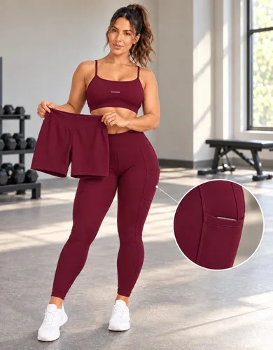 Trijunto Fitness Feminino Top Shorts Legging 3 Peças 2 Looks Bordô M
