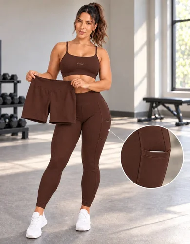 Trijunto Fitness Feminino Top Shorts Legging 3 Peças 2 Looks Marrom M