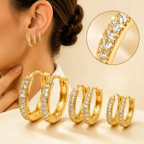 Trio De Brincos Argola Banhado Ouro 18k Zirconias Cravejadas