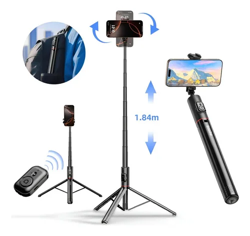 Tripé Bastão De Selfi Retrátil Com Controle Remoto Bluetooth com Controle , 1.84m, Remoto sem Fio, Portátil, Leve e Extensível, Compatível com ios e Android,Cor preto