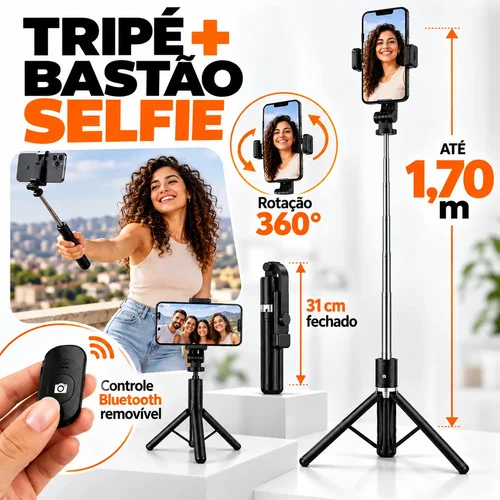 Tripé Bastão Para Celular Portátil Até 1,70 M Com Controle Preto