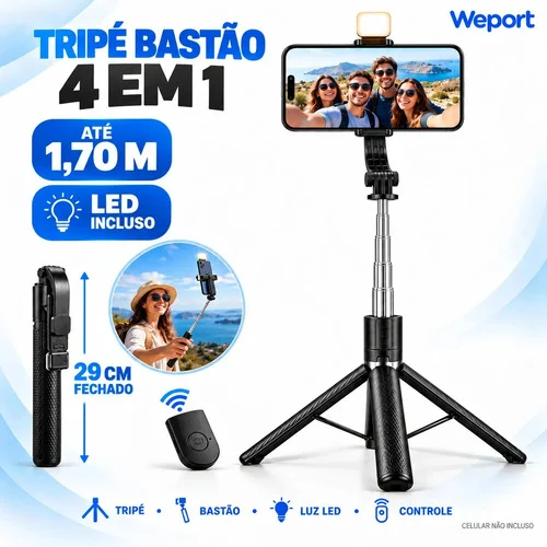 Tripé Para Celular Bastão De Selfie Bluetooth 1,70m Extensível Luz Led Rotação 360° Portátil Pau De Selfie Foto Vídeo Preto 4 Em 1 Weport
