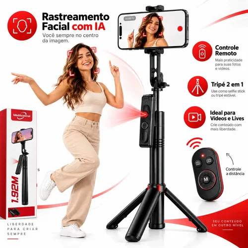Tripé Profissional Com Rastreamento Facial E IA Controle Remoto Suporte Para Câmeras Celulares Vlogs Videos Selfies Com Bluetooth Preto - Multicontrol