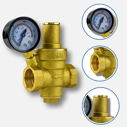 Válvula Redutora Reguladora De Pressão Agua 1/2  C/manômetro Dourado-escuro