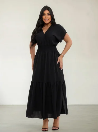 Vestido Feminino Longo Com Babado Gola V Evangélico