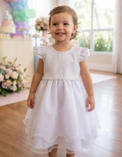 Vestido Infantil Branco Full Batizado Bordado Gode Babado Pg
