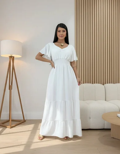 Vestido Longo Feminino De Manguinhas Multiuso De Luxo Branco Único 38/40/42/44/46