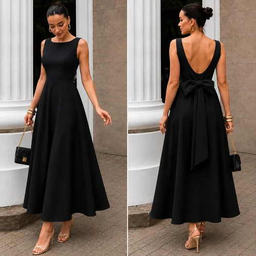 Vestido Longo Feminino Decote Canoa E Laço Alfaiataria Luxo Preto Liso M