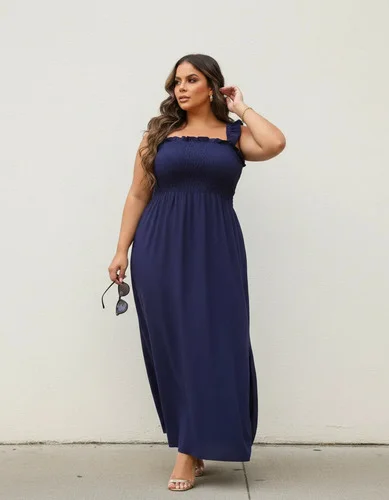 Vestido Longo Plus Size Lastex Barato Evangelico G1 G2 G3 Azul-marinho Plus Unico