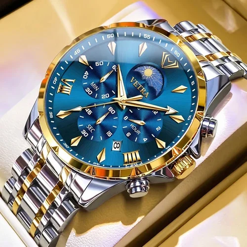 Vetra Relógio Masculino Relogio De Pulso Aço Luminoso 3653 Dourado/prateado Dourado Azul