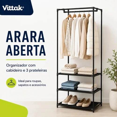Vittak Armário Organizador Aberto Cabideiro Prateleira Arara Roupa Sapato Bolsa Preto