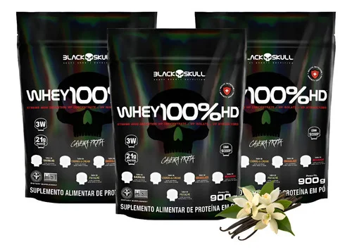 Whey Protein 100% Hd Kit 3 Unidades Suplemento Black Skull Sabor Baunilha