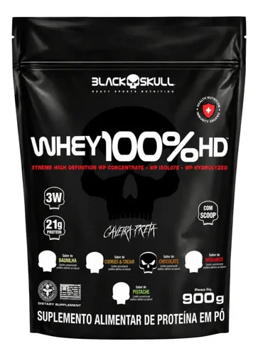 Whey Protein Black Skull 100% HD 3W 900g Refil Chocolate WPC WPI WPH Concentrado Isolado Hidrolisado