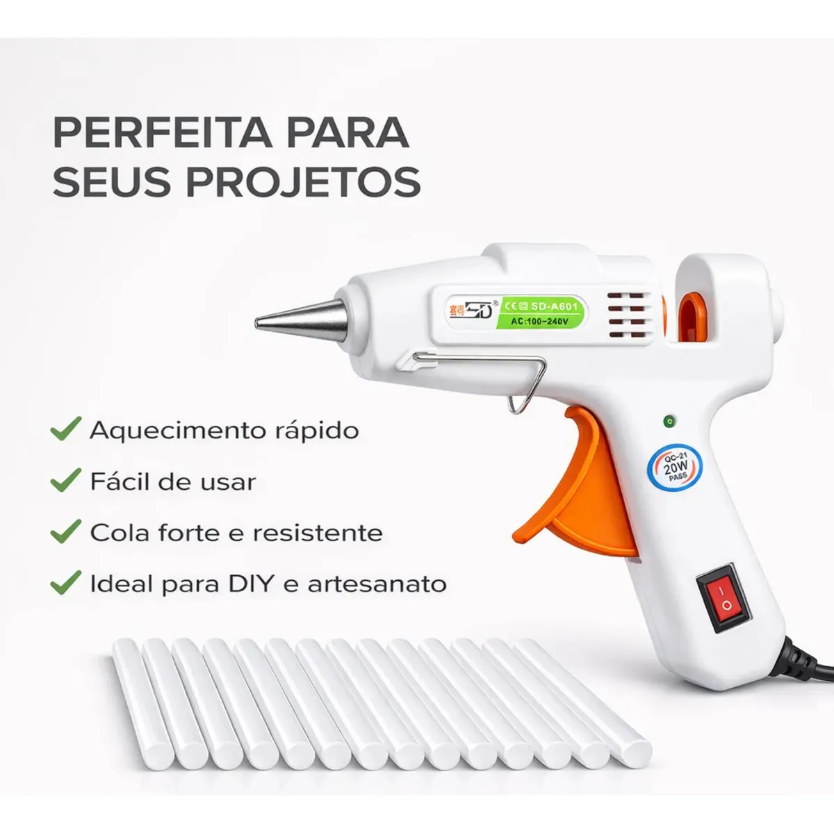 Kit Pistola Cola Quente 20W 7mm + 10 Bastões 30cm Bico Fino Liga Desliga Pronta Uso Artesanato