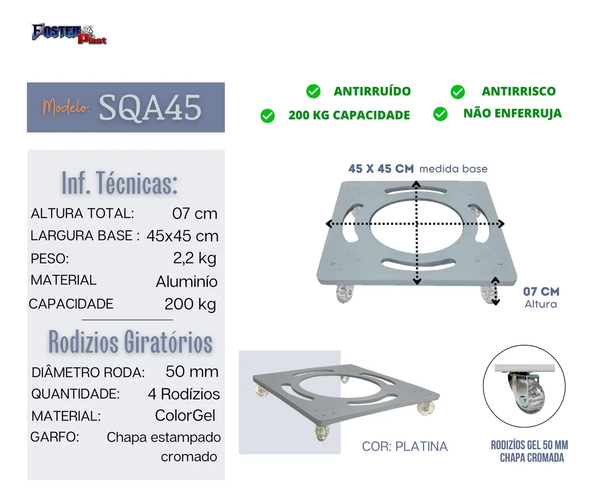 Suporte P/ Prato Vaso Aluminio Anti Risco Anti Ruido Q 45x45