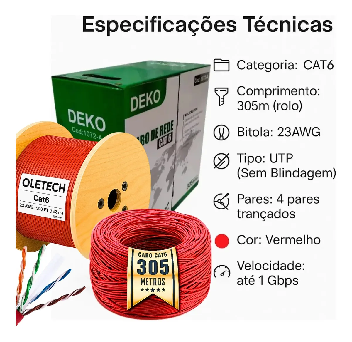 Cabo Rede Cat6 Vermelho Internet Caixa 305m Oletech + Brinde