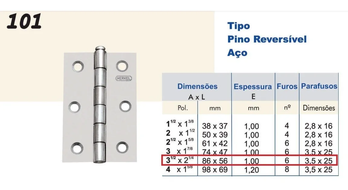 Kit C/05 Cartelas C/03 Dobradiça Merkel 101 Flo 3.1/2 - 15pc
