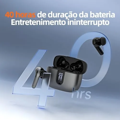 Fone de Ouvido Sem Fio Bluetooth, 40 Horas de Reprodução com Display LED, Estéreo Intra-Auricular Esportivo, IPX5 à Prova D'Água, Suporta chamadas de voz, adequadas para Android e IOS (Cinza)