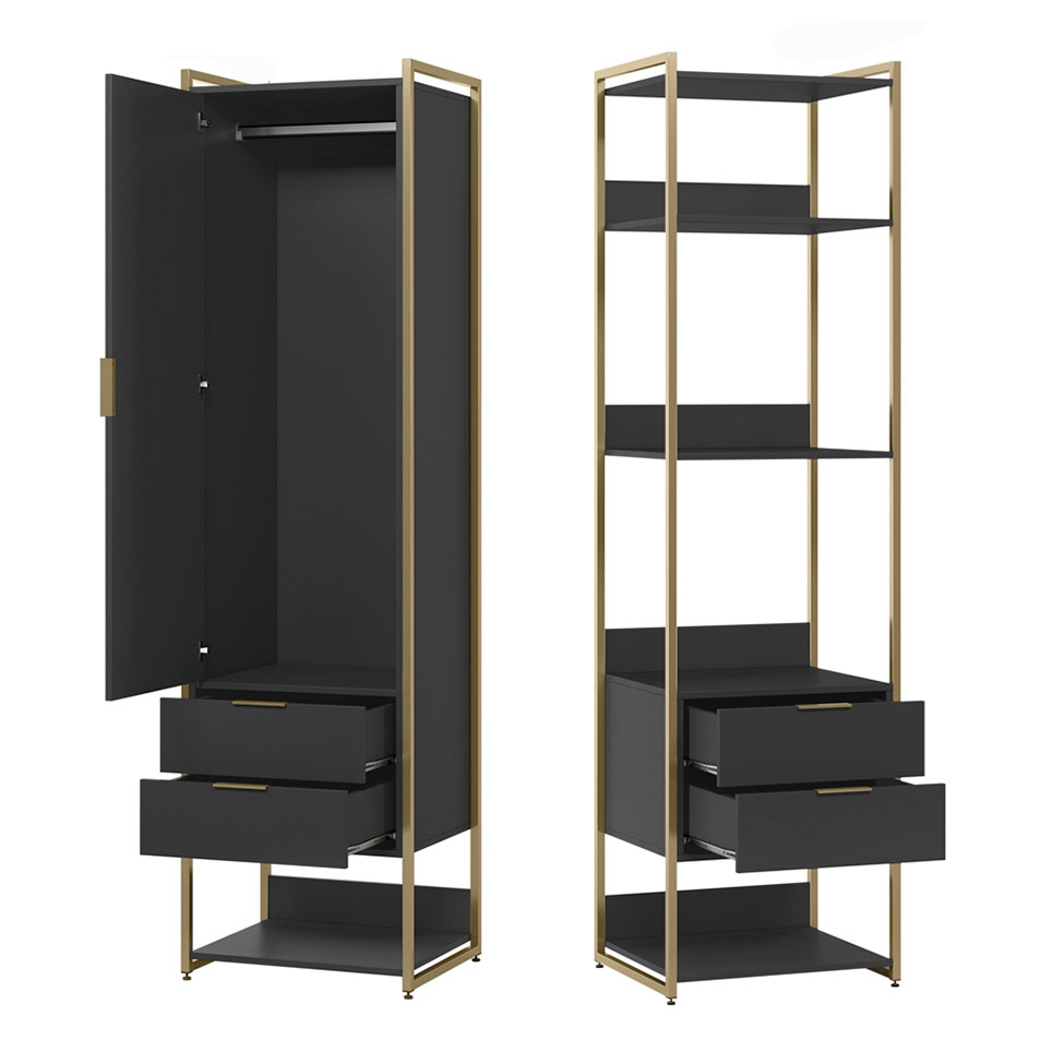 Guarda-Roupa Closet Industrial Mital 1 Porta 4 Gavetas Preto e Dourado