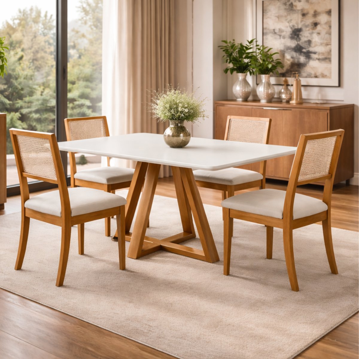 Kit 4 Cadeiras de Jantar Palha Estofada Linho Bege Encosto em Tela Sextavada Rubi Madeira Maciça Mel Bege