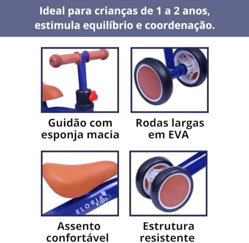 ELORIA Bicicleta de Equilíbrio Infantil, Sem Pedal, Para Crianças 1+ Anos, Azul, Desenvolve Coordenação Motora