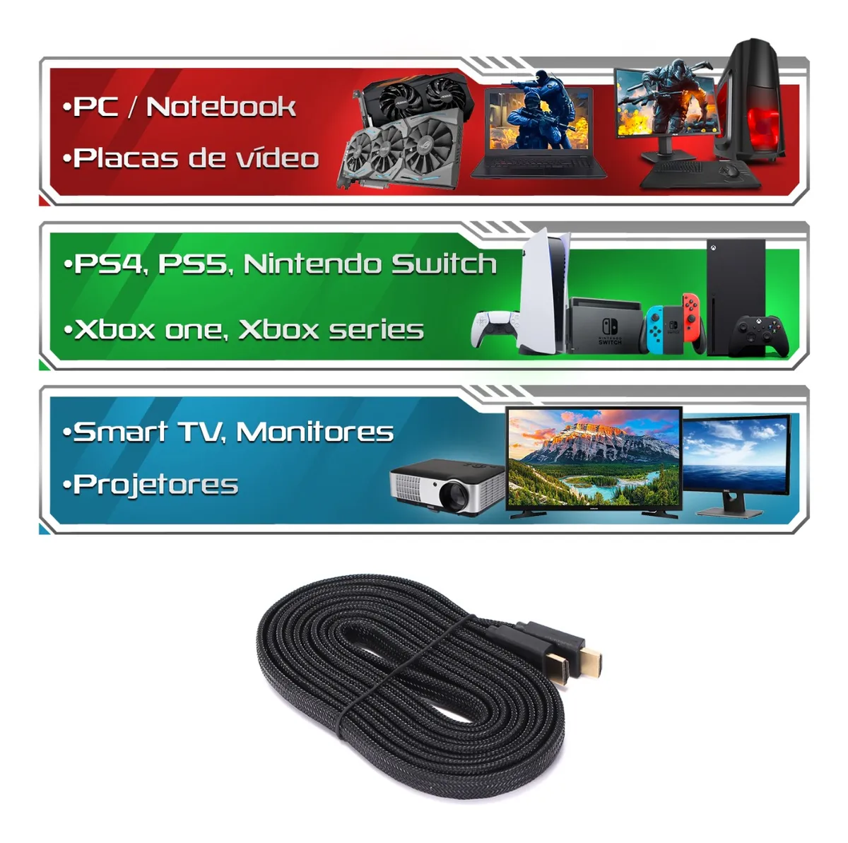 Cabo Hdmi 10 Metros 10m Flat Knup Ultra Hd 4k Nylon Ouro 24k