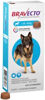Bravecto® Cães 1000mg - Antipulgas e Carrapatos - Cães de 20 a 40kg - 1 Comp. Mastigável - MSD Saúde Animal